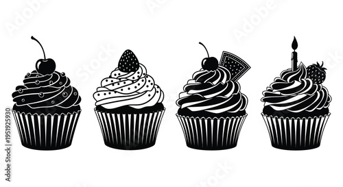 A set of four intricately decorated cupcakes are displayed in black and white each with unique toppings and designs