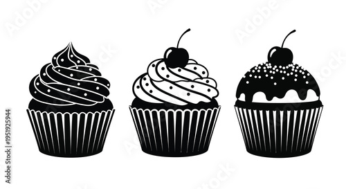 A striking black and white illustration depicts three elegantly decorated cupcakes each with unique frosting styles and cherries