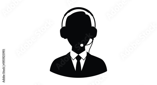 A stark silhouette depicts a customer service representative wearing a headset and formal attire signifying communication high quality professional