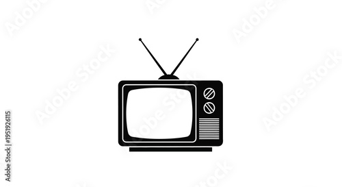 A stark black silhouette depicts a vintage television set with rabbit ear antennas isolated on white high quality professional