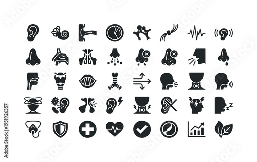 Ear nose throat anatomy and treatment concept symbols showing ear organ structure, cochlea spiral shape, ear canal tube, eardrum