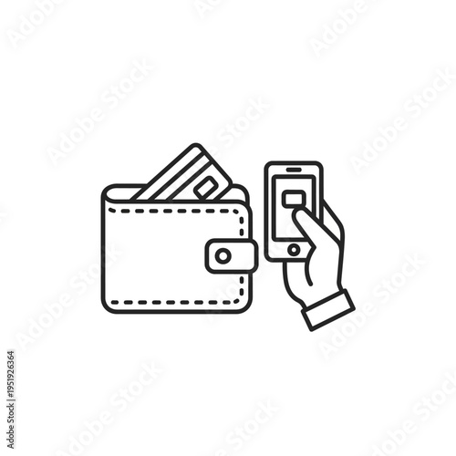 Hand holding phone with wallet nearby.