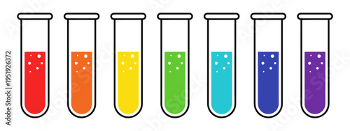 Set of vertical glass test tubes with rainbow colored liquids and white bubbles on transparent background