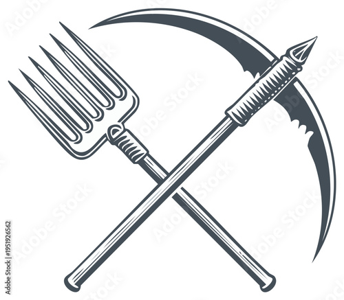Crossed Farming Tools Pitchfork and Scythe Symbol of Agriculture and Harvest