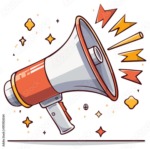 Cartoon megaphone illustration with sound waves and star sparkles, announcement concept