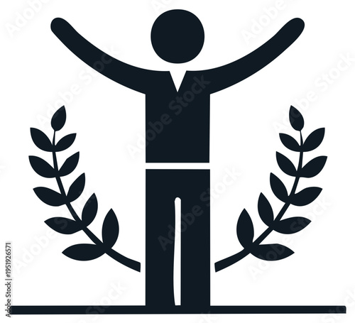 Silhouette person with arms raised, laurel wreath, success symbol
