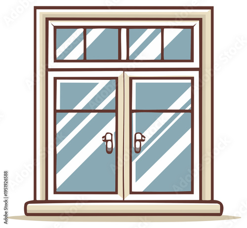 Illustration of Closed Double Window with Glass Panes and Handles, Indoor View
