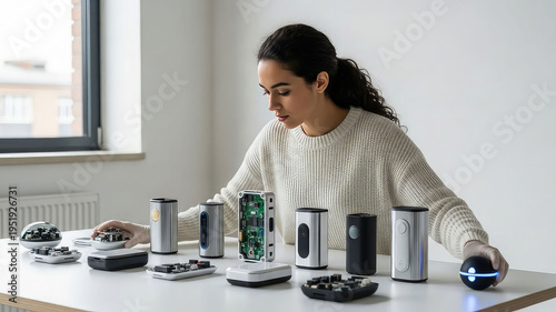 A woman examining various smart home devices on a table