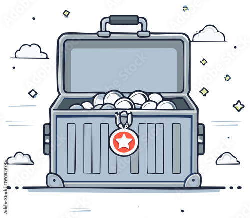 Open Treasure Chest with Coins and a Star Medallion Cartoon Graphic