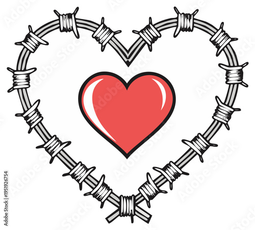 Red heart enclosed in a barbed wire heart symbol graphic illustration