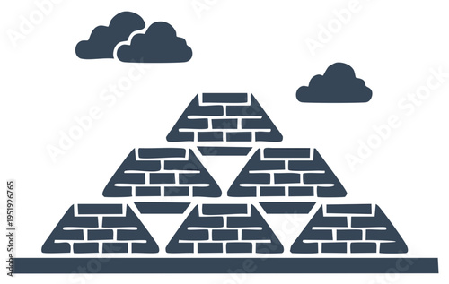 Illustration of a building construction with stacked pyramids of bricks, clouds hovering above, creating a stylized scene.