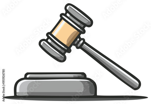 Cartoon illustration of a gavel and sound block, law and justice concept