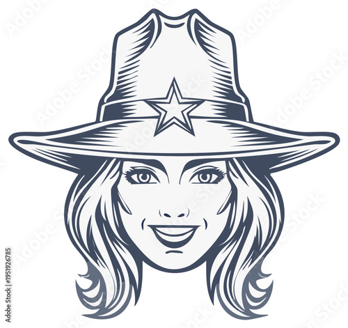 Smiling Cowgirl Portrait with Star Emblem on Wide-Brimmed Hat