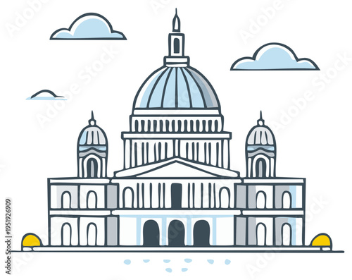 Simple Illustration of a Historic Building with Dome, Columns, and Archways, Cartoon Style, Blue and Yellow Color Palette