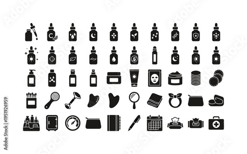 Facial care serums including dropper serum bottle, vitamin C serum bottle, hyaluronic acid serum bottle, retinol serum bottle,