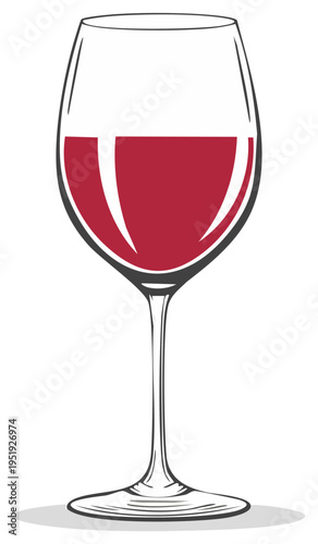 Single stemmed wine glass filled with red wine showing reflections and a subtle shadow