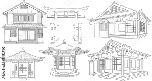 Japanese Architecture Hand Drawn Line Art Vector Set with Traditional House, Torii Gate, Pagoda, Temple, Lanterns and Shrine