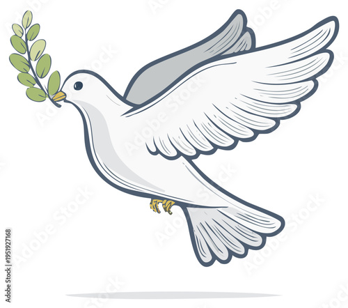 White dove flying with green olive branch in beak symbol of peace and hope