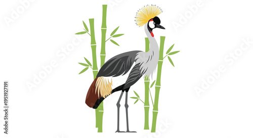 Stylized grey crowned crane stands amidst a bamboo forest illustration