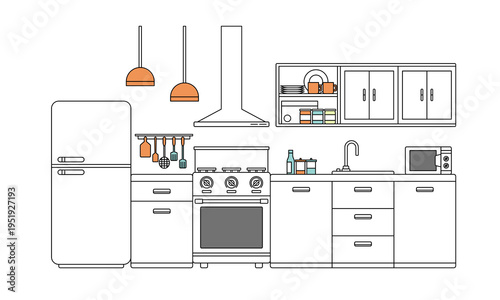 Illustration of a kitchen set in outline style. Suitable as a design element for modern home kitchen designs.