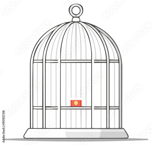 Empty Birdcage with Red Square Symbolizing Freedom or Confinement