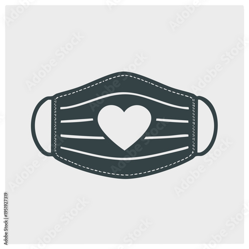 Stylized face mask with heart symbol and horizontal stripes, a symbol of care and protection during health crises