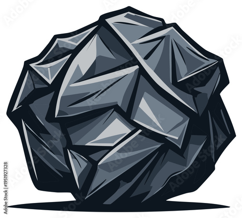 Crushed Black Paper Ball Illustration with Sharp Edges and Shadows