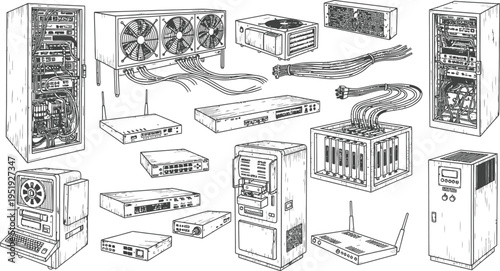 Server and Network Hardware Hand Drawn Line Art Vector Set with Server Rack, Router, Switch, Cooling Unit, Cables and Computer Tower