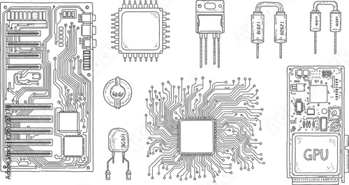 Computer Circuit Board and Electronic Components Hand Drawn Line Art Vector Set with CPU, GPU, Motherboard, Transistor and Microchip