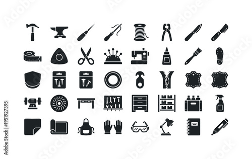 Footwear maintenance accessories featuring cobbler hammer tool, cobbler anvil stand, stitching awl tool, leather needle tool,