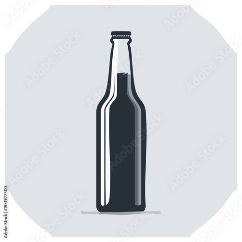 Minimalist monochrome illustration of a beer bottle with a crown cap in a circular frame.
