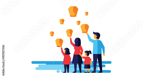 Family releasing colorful sky lanterns at dusk enjoying a peaceful outdoor moment