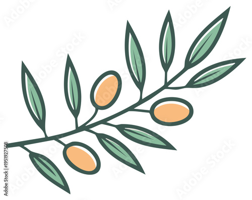 Stylized Olive Branch Illustration featuring Green Leaves and Yellow Olives for Food Products Packaging Designs