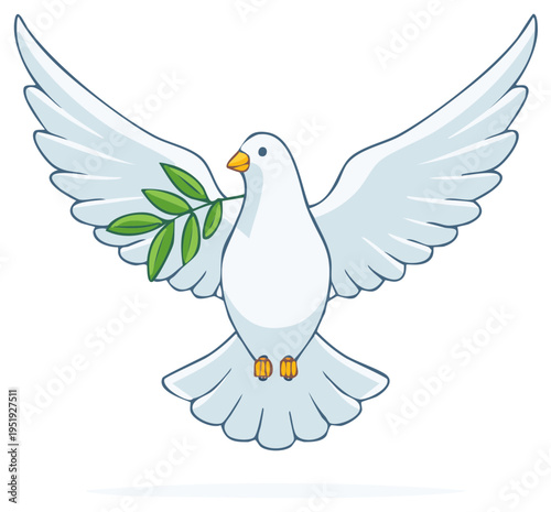 White dove with olive branch in beak flying with open wings symbolizing peace and hope