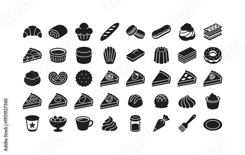 French patisserie treats including croissant pastry, pain au chocolat pastry, brioche loaf, baguette bread, macaron cookie pair, Г