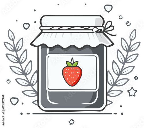 Strawberry jam jar with decorative label and foliage in a cute and whimsical style for design elements