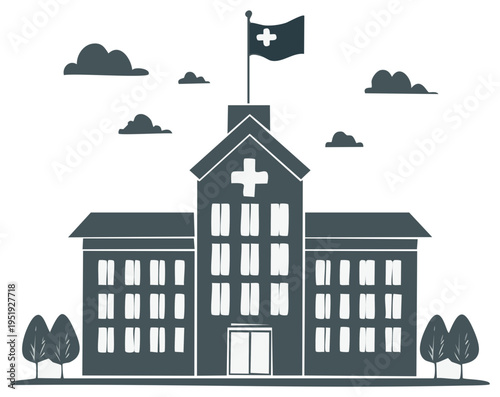 Modern hospital building with medical cross emblem and flag under cloudy sky