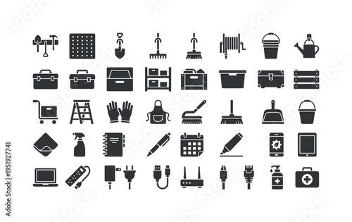 Garden tool storage items including wall mounted tool rack, pegboard panel board, shovel hanging hook, rake hanging hook, broom