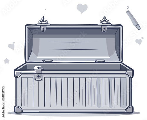 Open metal chest with hearts illustration, floating cigar, a concept of emptiness and loneliness, abandoned objects, grief