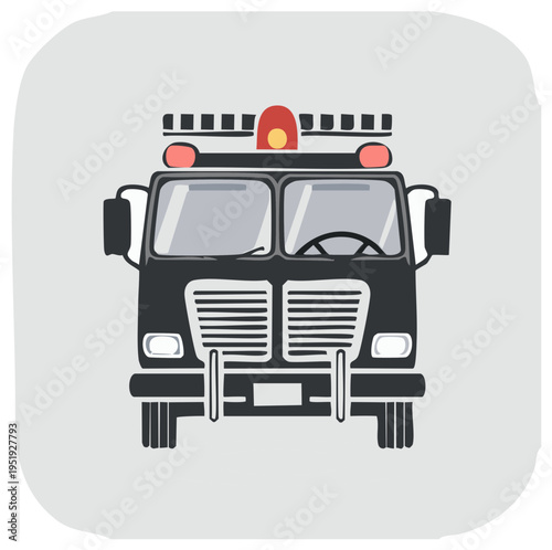 Stylized Fire Truck Illustration. Red Light and Ladder Detailed Front View. Emergency Vehicle. Protection and Rescue Graphic Design Element