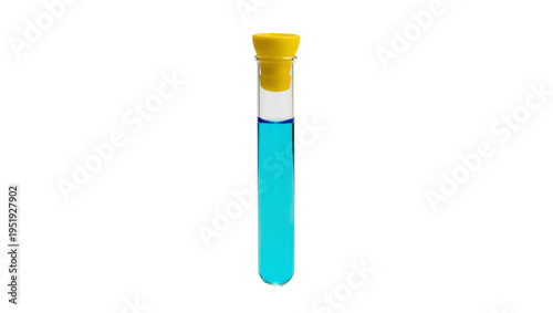 Konstfotografi Glass test tube with vibrant blue liquid and yellow rubber stopper, isolated sci
