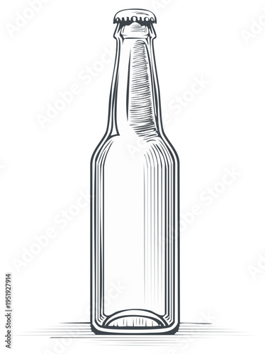 Detailed Sketch of an Empty Glass Beer Bottle, Realistic Line Art, Isolated Alcohol Container