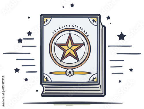 Open Book with a Five Pointed Star Symbol Surrounded by a Circle with Black Stars and Dashes