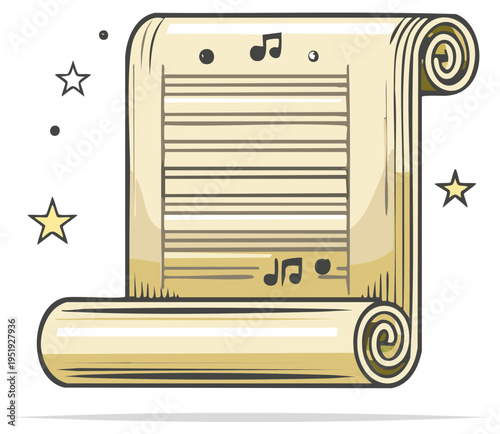 Ancient musical scroll with notes and stars, rolled parchment, vintage style