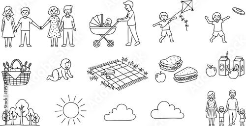 Collection of hand-drawn icons representing a family picnic and outdoor activities