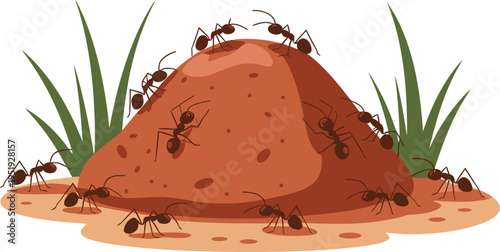 Ant hill vector illustration, soil mound with ants and grass representing a natural ecosystem, ecology education, and insect-themed design.