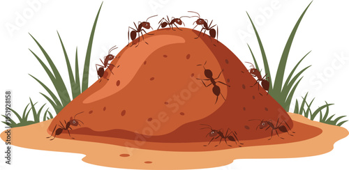 Ant hill illustration, soil mound with crawling ants and grass for nature scenes, ecology education, insect study, and environmental design concepts.