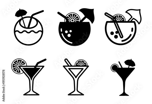 Black and white icons for tropical cocktails and drinks on white background