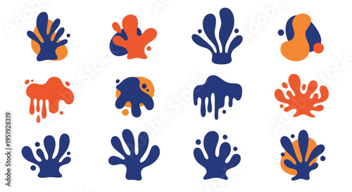 A dynamic display showcases playful abstract marine flora shapes rendered in vibrant blue and orange hues perfect for creative projects and design applications adding a touch of whimsy and