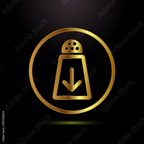 Gold low sodium icon with a salt shaker and an arrow on a black background